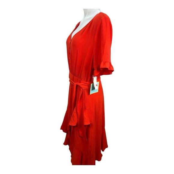 $139 CECE NEW Women’s Red Ruffled-Sleeve Cascading Belted Fit & Flare Dress 14 - Picture 8 of 16